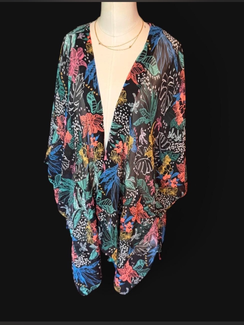 Arizona Jean Company Black kimono with Teal Blue and Pink Leaf Print pockets szS